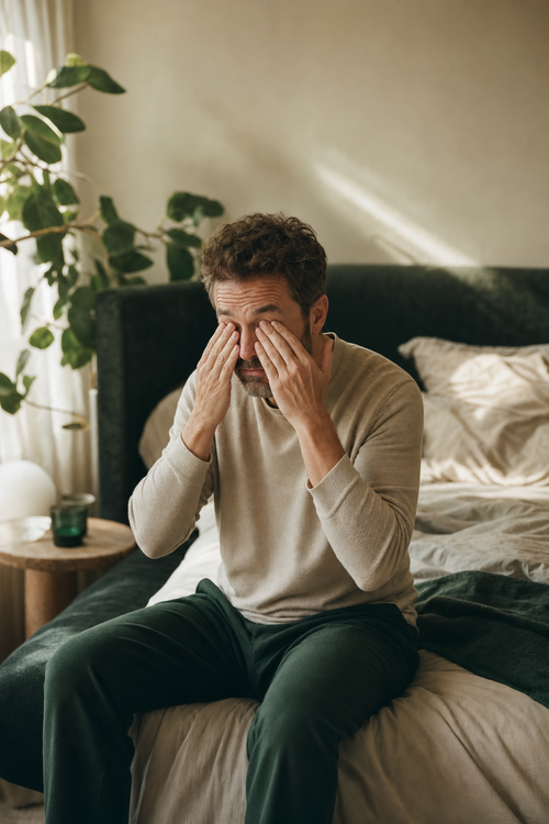 Man waking up tired