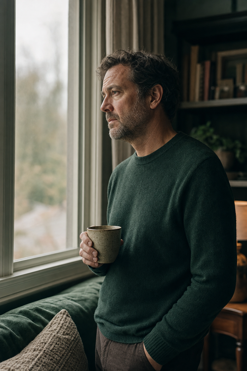 Man feeling low energy by a window