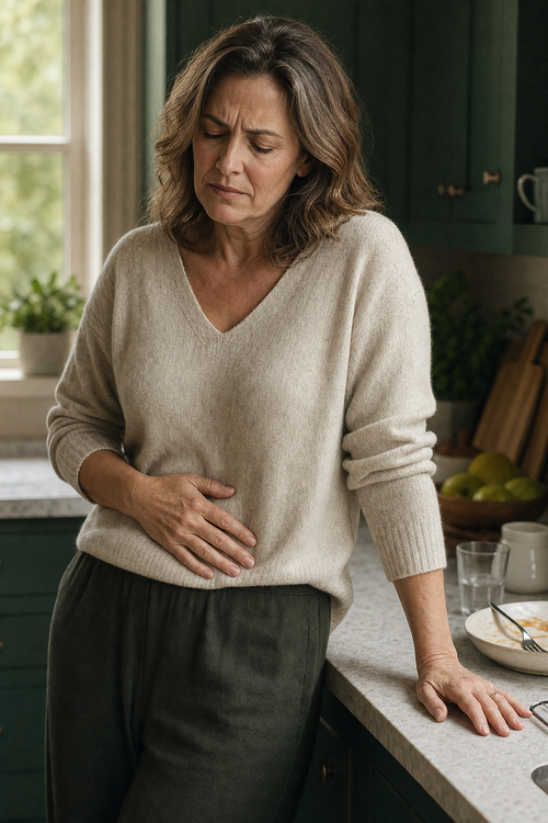 Woman with digestive discomfort after a meal