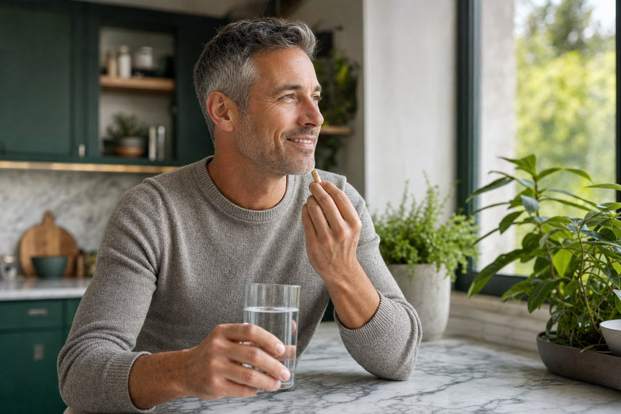 Man taking a capsule with water at a kitchen counter