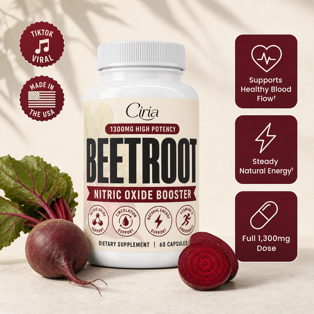 Ciria Beetroot bottle with TikTok Viral and Made in the USA badges and benefit tiles