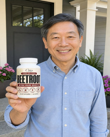 Man on a porch holding a bottle of Ciria Beetroot