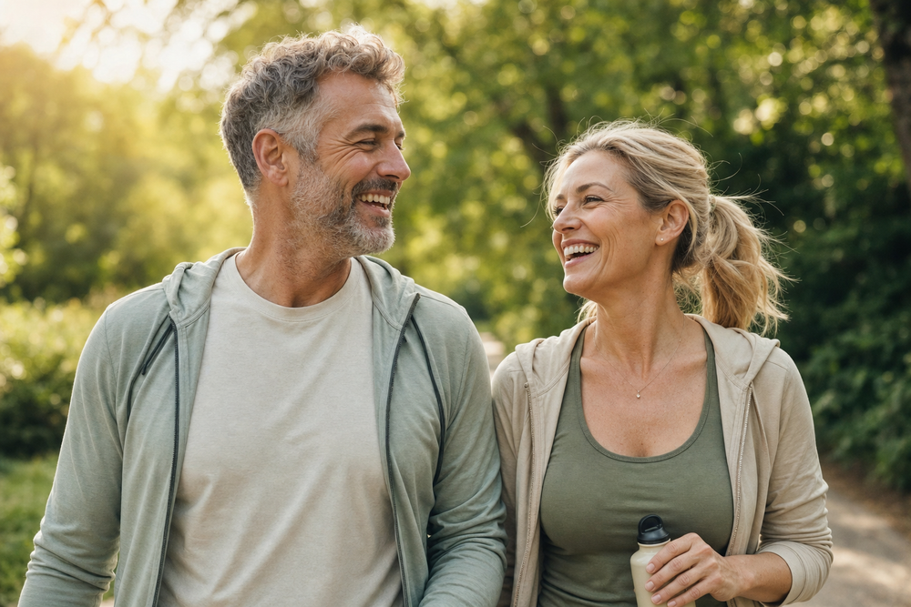 Energetic couple on a morning walk
