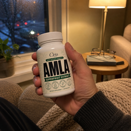 Ciria Amla Superfruit Extract held in an armchair on a rainy evening