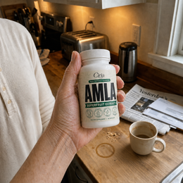 Ciria Amla Superfruit Extract in a kitchen beside morning coffee and a newspaper