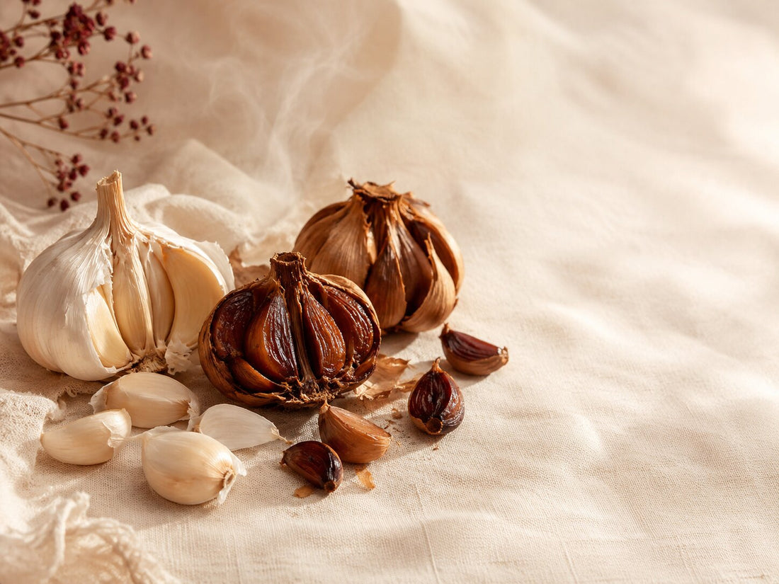 Fresh white garlic beside aged dark garlic on cream linen