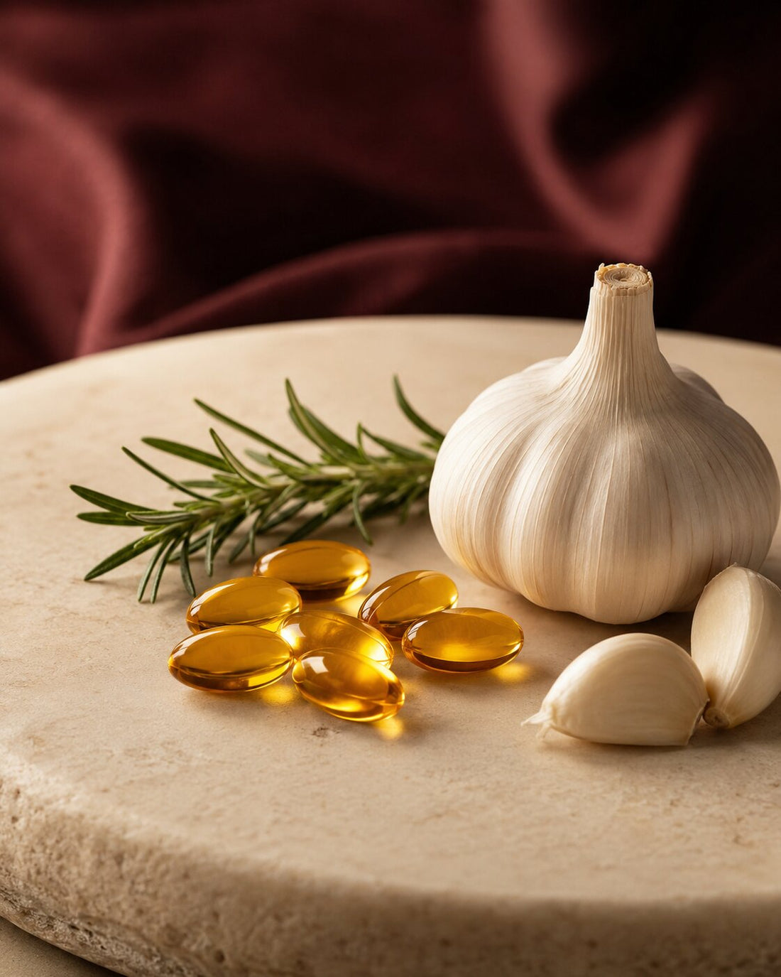 Amber aged-garlic softgels with a garlic bulb and rosemary on warm stone