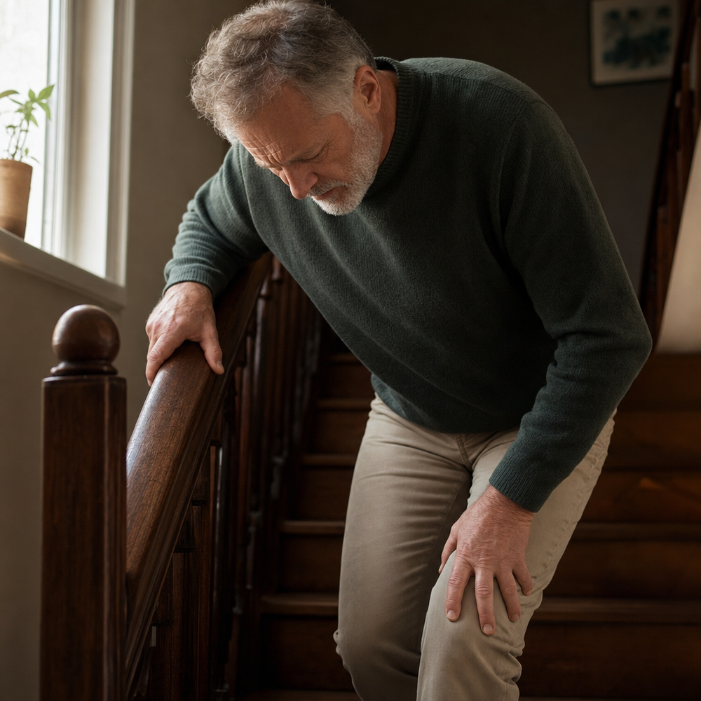 Pausing on the stairs with a stiff knee