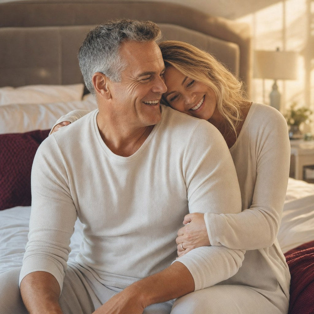 Happy couple in a sunlit bedroom