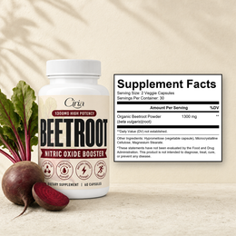 Ciria Beetroot Supplement Facts — 2 veggie capsules, 1300 mg organic beetroot powder, 30 servings