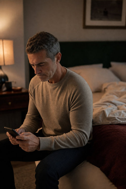 Man sitting on the edge of the bed, looking at his phone