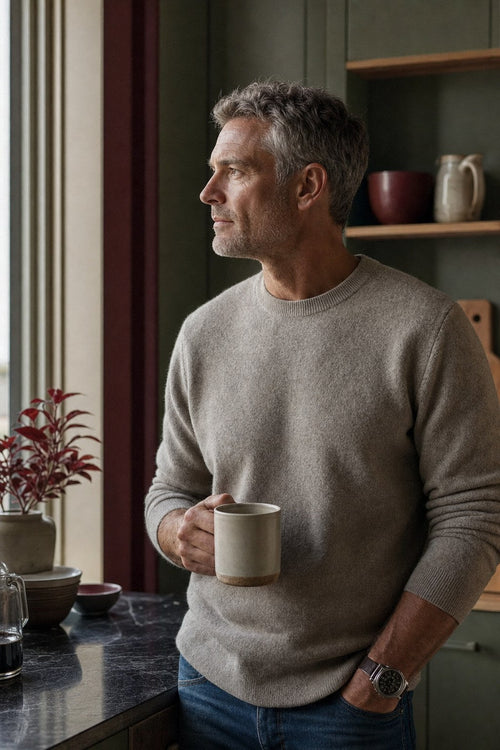 Man with coffee looking out a kitchen window