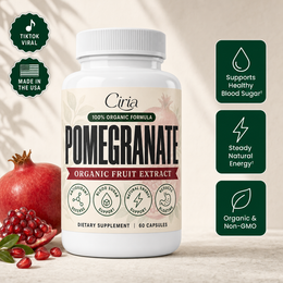 Ciria Pomegranate bottle with TikTok Viral and Made in the USA badges and benefit tiles